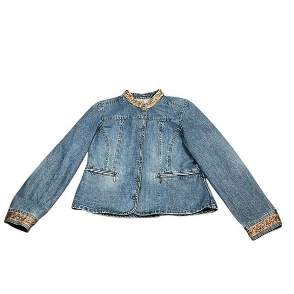 Liz Claiborne Denim Jacket with Tan Beaded Accents, Size L - Picture 4 of 10